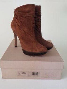 Pura Lopez Cognac Suede Ruched Ankle Booties